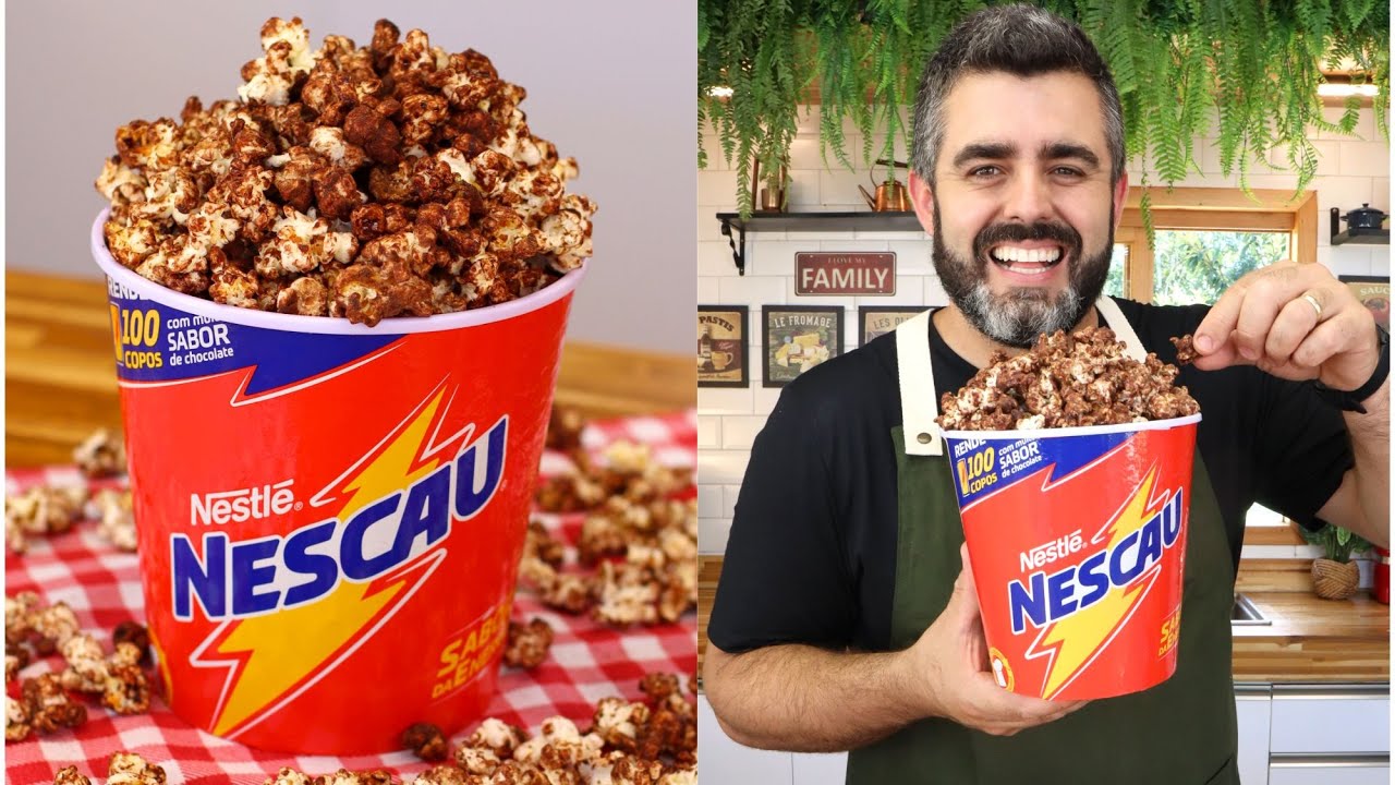 Pipoca doce de Nescau coberta com achocolatado