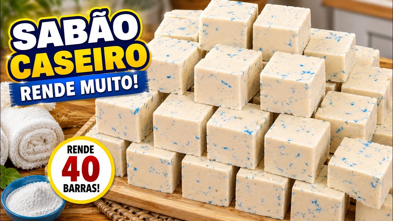 Barras de sabão caseiro feitas com óleo usado empilhadas