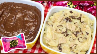 Recheio cremoso branco com pedaços de Sonho de Valsa e creme de chocolate
