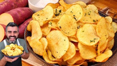 Batata doce frita crocante e sequinha, estilo batata chips