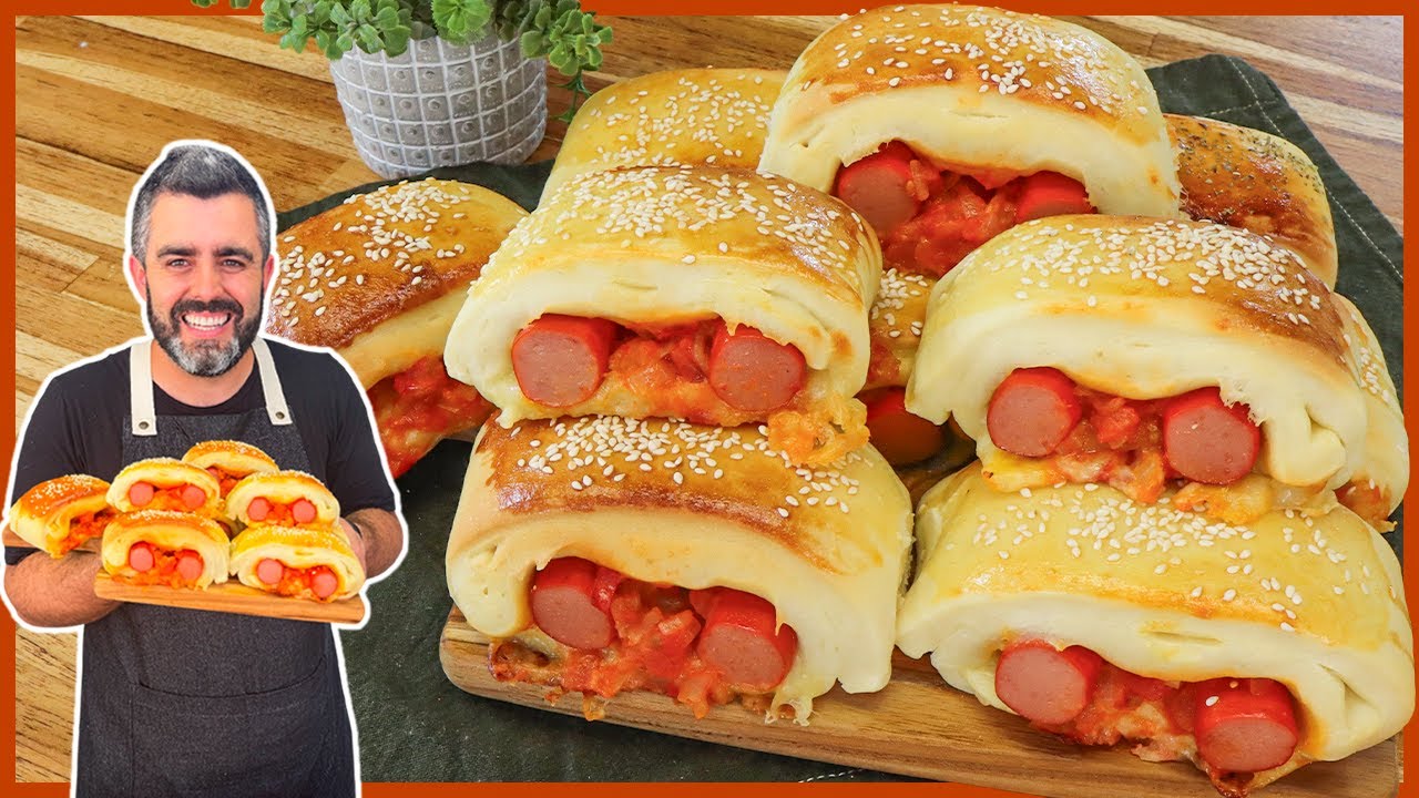 Cachorro quente de forno com massa fofinha e recheio de salsicha e queijo