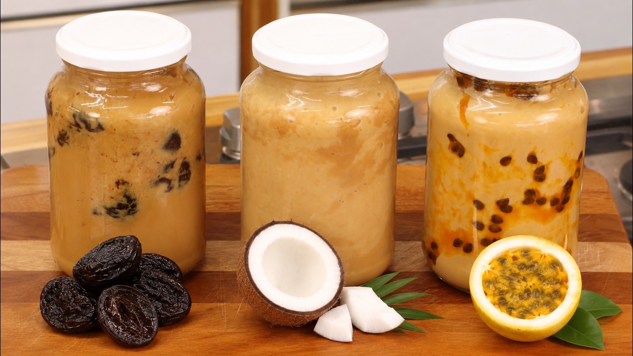 Pote de doce de leite mineiro cremoso com ameixa, coco e geleia de maracujá