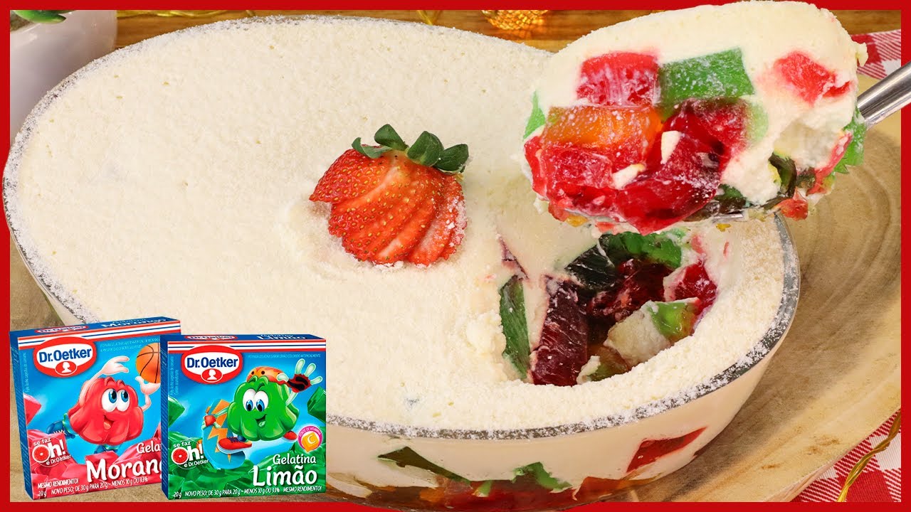 Sobremesa cremosa feita com gelatinas coloridas e creme